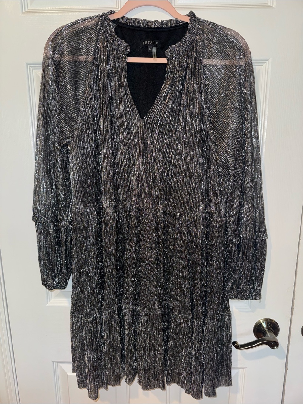 STATE Silver-Threaded Black Tiered Long-Sleeve Dress
